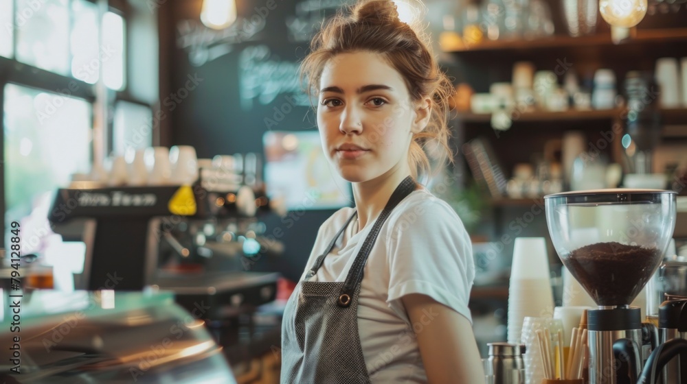 Portrait of a beautiful woman with an apron, a waitress at a daytime cafe, smiling at the camera in high resolution and high quality. waitress concept Portrait of a beautiful woman with an apron, a waitress at a daytime cafe, smiling at the camera in high resolution and high quality. waitress concept