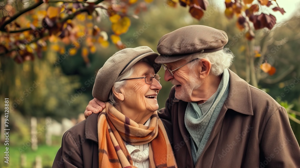 Affectionate elderly couple smiling and touching foreheads lovingly, wearing warm hats and scarves, with autumn leaves in the background. Affectionate elderly couple smiling and touching foreheads lovingly, wearing warm hats and scarves, with autumn leaves in the background.