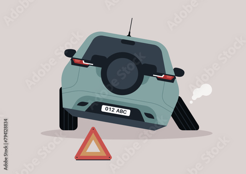 Stranded Vehicle With Emergency Triangle on a Desolate Road, A car with a detached wheel by a roadside warning sign
