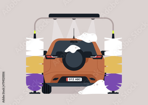 Sudsy Clean-Up at the Car Wash, Rear of a vehicle with a spare wheel getting washed under soapy brushes