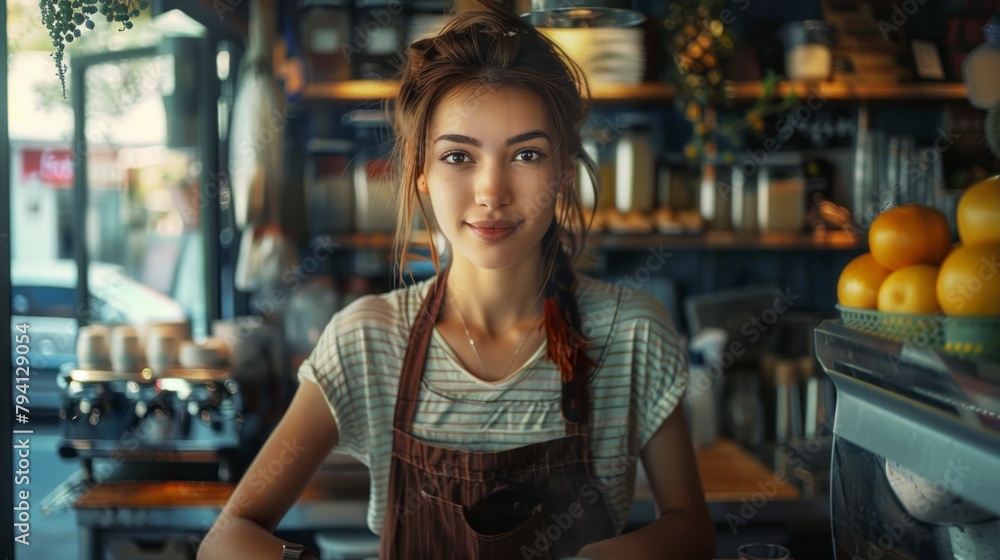 beautiful woman with apron waitress at a cafe during the day beautiful woman with apron waitress at a cafe during the day