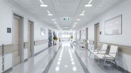 empty hospital corridor with waiting area and patient rooms modern healthcare facility 3d rendering
