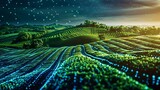 Green rolling hills under a starry night sky with glowing blue and green particles rising from the ground.