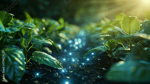 Green plants growing in the sunlight with magical glowing blue lights.