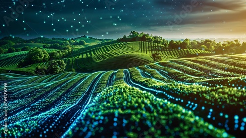 Green rolling hills under a starry night sky with glowing blue and green particles rising from the ground. © Tackey