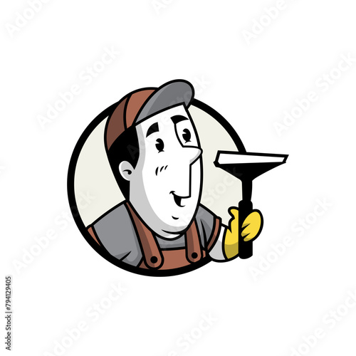 cartoon character  with a carwash squeegee tool, badge or emblem version.