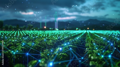 Illustration of a smart farming field with a network of sensors and Internet of Things devices collecting data on soil conditions, plant health, and other factors.