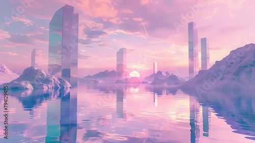 ethereal surreal pastel landscape with futuristic architecture serene lake reflection dreamy gradient sky 3d render