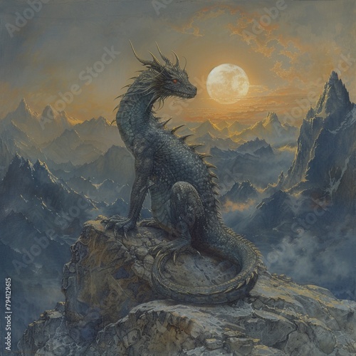 A dragon sits on a rock in the mountains. The moon is rising behind it. The dragon is black with green wings. It has a long tail and sharp claws. Its eyes are red.