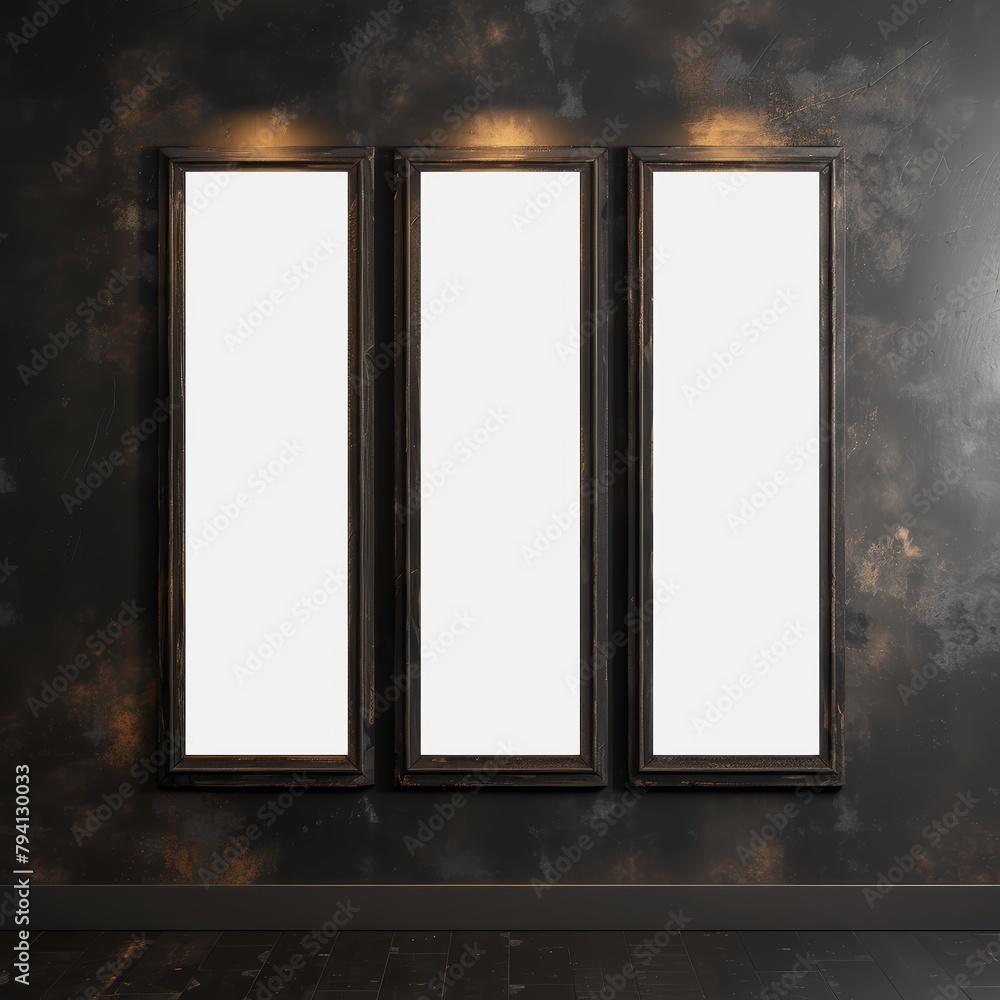 Three black framed white mirrors on a wall. Scene is simple and minimalistic Three black framed white mirrors on a wall. Scene is simple and minimalistic
