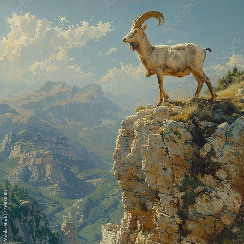 An ibex standing on a rocky cliff overlooking a mountain valley. photo