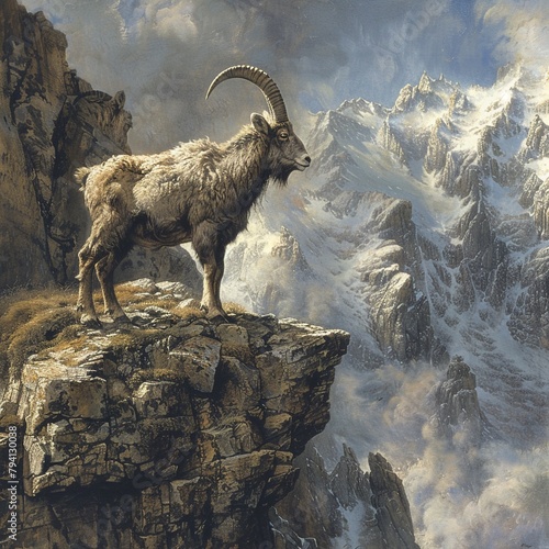 An ibex standing on a rocky cliff overlooking a snowy mountain landscape. © F@tboy