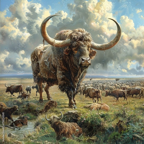 An aurochs standing in a field of long grass, surrounded by other aurochs. photo