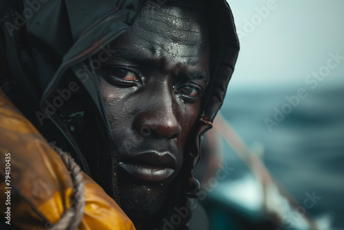 African American man refugee on a boat at sea, illegal smuggling migration photo