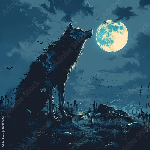 A dark blue wolf howls at a full moon in a field of bones under a night sky filled with bats. photo