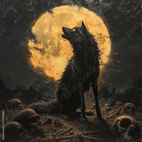 A dark and moody painting of a wolf howling at the moon. The wolf is surrounded by bones and skulls, and the moon is a deep orange color.
