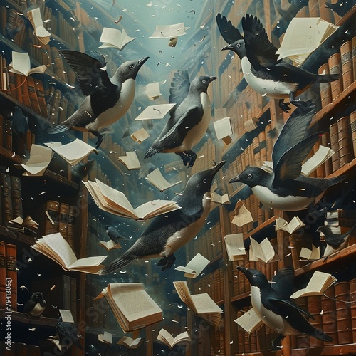 A library full of books with birds flying through it
