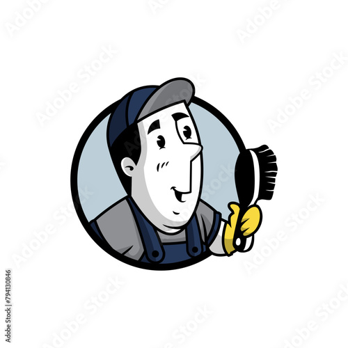 cartoon character  with a cleaning hand brush, badge or emblem version.
