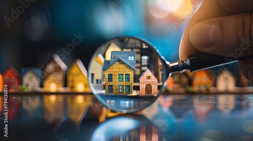 Close-up of colorful miniature houses through magnifying glass photo