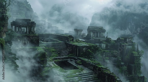 Mysterious ancient temples shrouded in mist among mountain fog