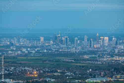 Frankfurt am Main skyline at the blue hour with Saharan dust in the air. Viewpoint at the Dettweiler Tempel.