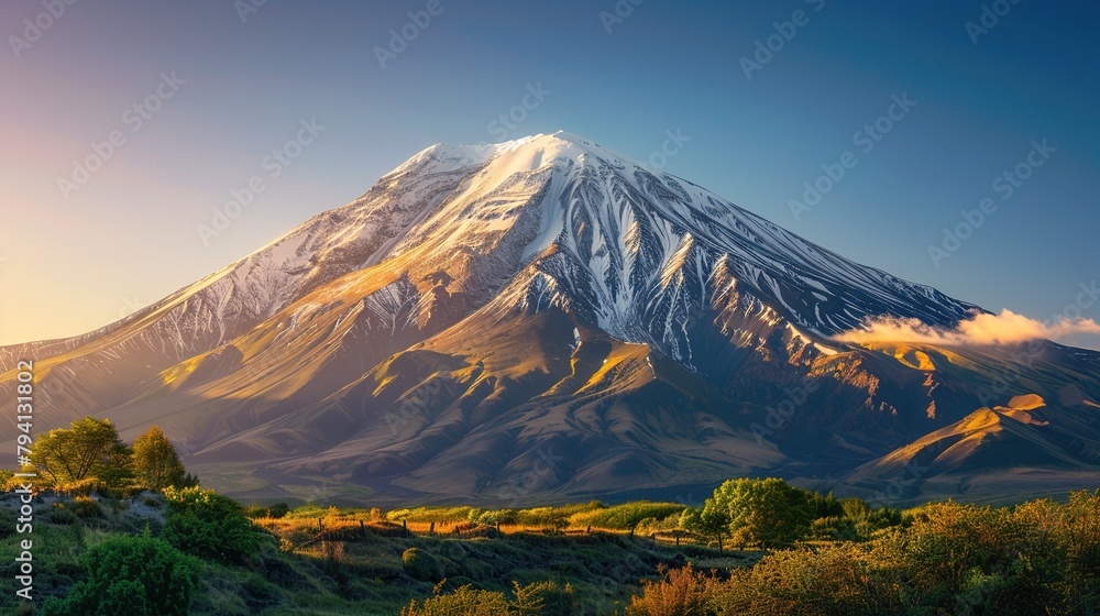 A photographic of A majestic mountain range with snow capped peaks. Blue sky background.
