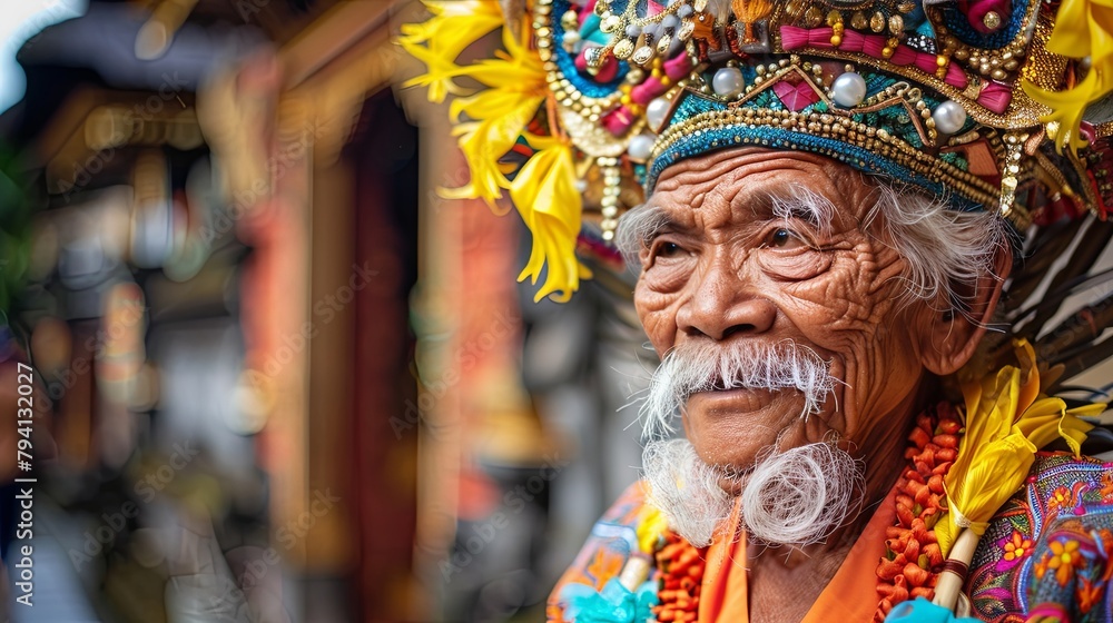 Colorful elderly Asian man in traditional costume with expressive eyes