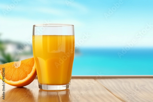Verre de jus d'orange en bord de mer