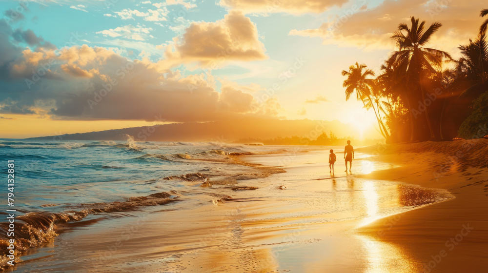 A romantic scene with two people walking on the beach, palm trees silhouetted against the sunset
