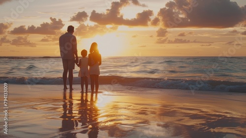 A family stands together facing a dramatic beach sunset with waves gently coming ashore