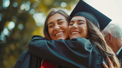 Happy young caucasian woman with her mother on graduation day. Smiling female student embraces her mom after graduation ceremony. Young woman in graduation gown and cap hugging her parents
