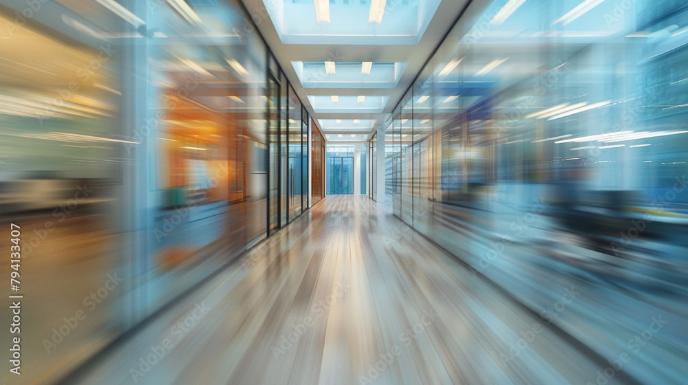 Abstract blurred view of a contemporary office interior highlighting the flow and tranquility of modern design