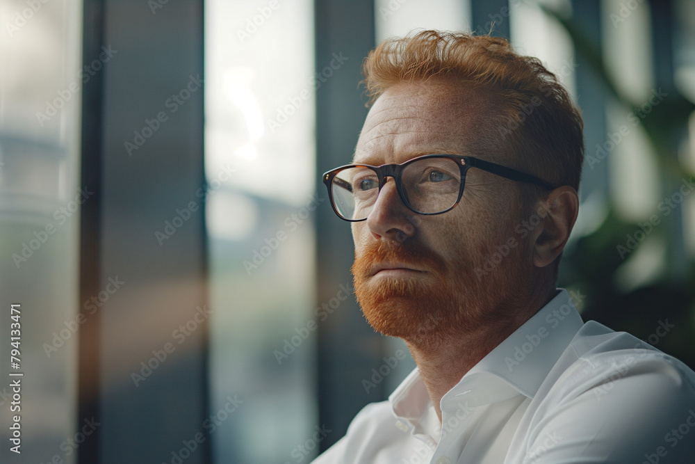 50 year old redhead man working in his office 50 year old redhead man working in his office