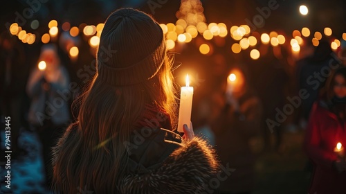 Candlelight vigil in evening with contemplative young woman photo