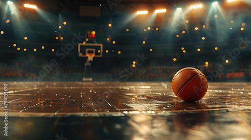 High resolution image of a basketball on a stadium court emphasizing the realistic feel and atmosphere of the game photo
