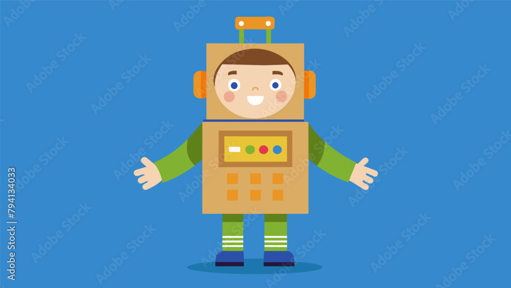 Obraz premium A child dressed as a robot complete with working buttons and levers made from cardboard and string showing off their homemade creation in the