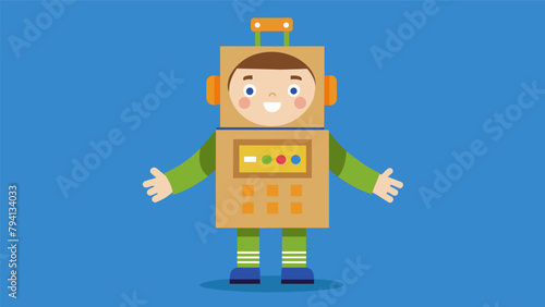 A child dressed as a robot complete with working buttons and levers made from cardboard and string showing off their homemade creation in the
