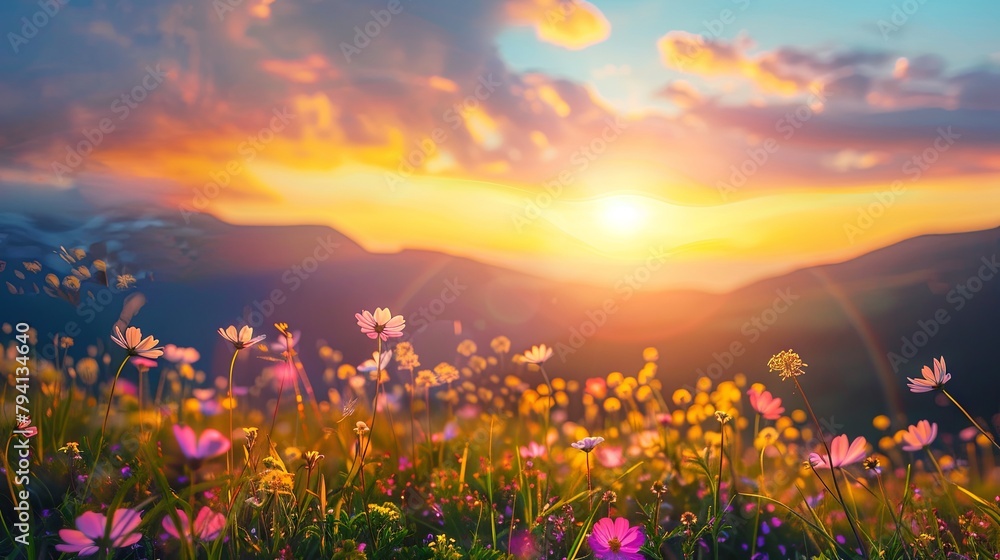 Tranquil sunset over vibrant wildflower meadow