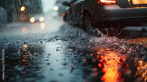 Rainy city street with car lights reflecting on wet asphalt photo