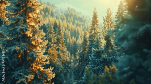 Golden Hour in Mystical Pine Forest: Sunlight Through Trees