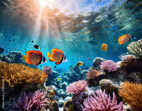 Exploring the vibrant and colorful underwater paradise of a tropical coral reef. Showcasing the diverse marine life. Aquatic biodiversity. And vibrant ecosystem