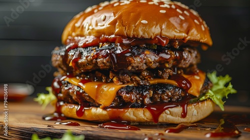 Juicy double cheeseburger with dripping sauce on wooden board © volga