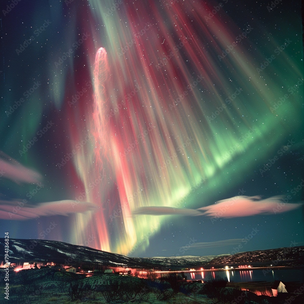 Majestic Northern Lights Over a Serene Lake With a UFO Sighting at Dusk