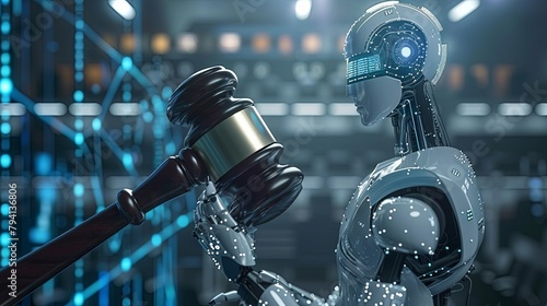 Futuristic robot judge holding gavel in digital courthouse photo