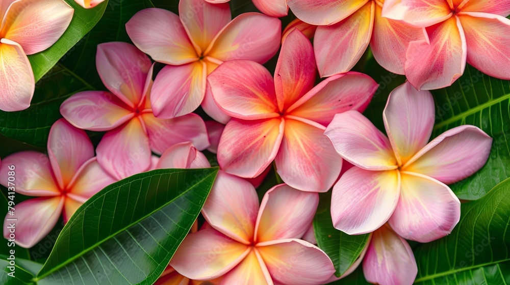 Vibrant plumeria flowers with lush green leaves Vibrant plumeria flowers with lush green leaves