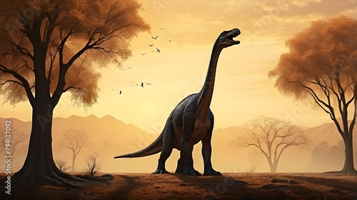 giraffe at sunset With its long neck extended aloft, the mive Brachiosaurus reaches for the last remaining leaves on a tree, its silhouette framed by the warm tones of the golden