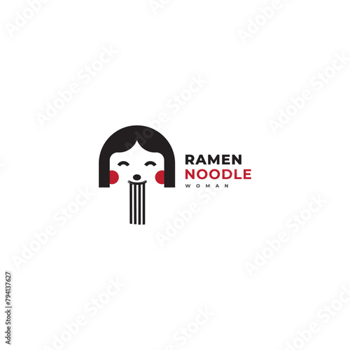 happy woman eating ramen noodles logo template