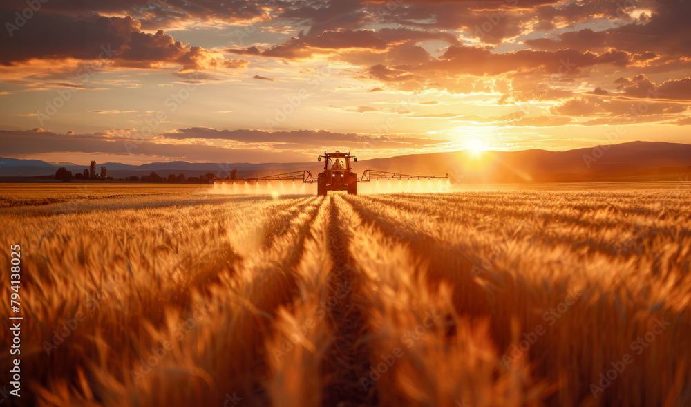 Fototapeta premium A tractor is spraying a field of wheat