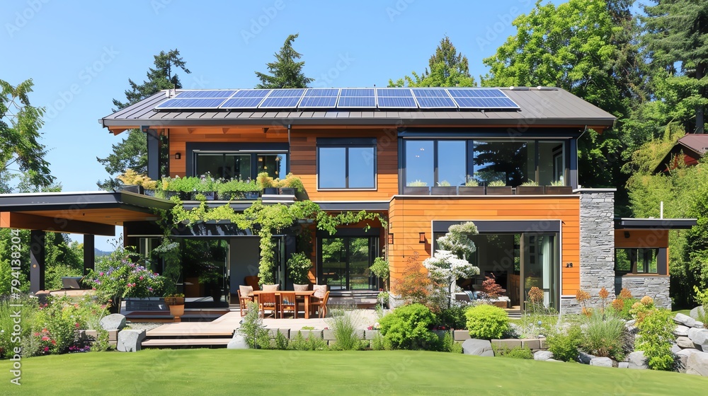 Eco-friendly home featuring solar panels, rainwater harvesting system, and green insulation, ideal for showcasing sustainable home solutions. Eco-friendly home featuring solar panels, rainwater harvesting system, and green insulation, ideal for showcasing sustainable home solutions.