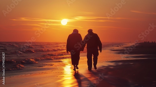 Elderly couple walking hand in hand along a beach at sunset  illustrating companionship and active senior lifestyle.